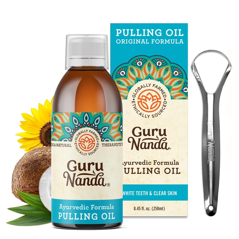 GuruNanda Original Oil Pulling with Tongue Scraper, Alcohol & Fluoriode Free Mouthwash for Teeth & Gum Health & Fresh Breath (Unflavoured), 250 ml