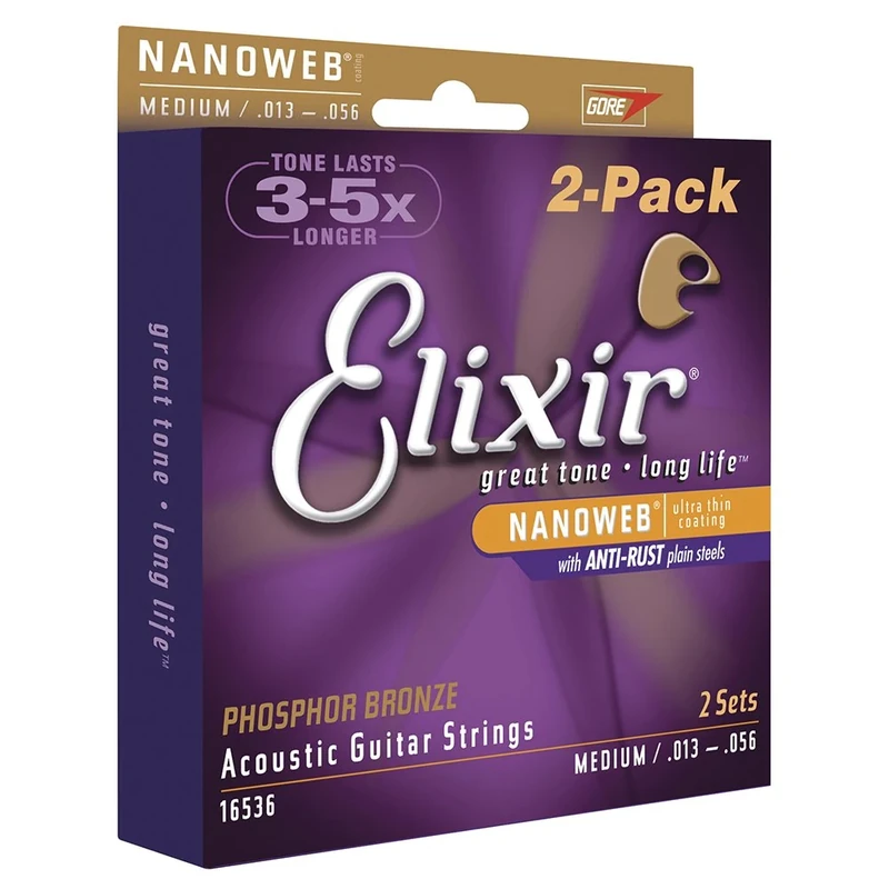 Elixir Nanoweb coated 16536 acoustic medium 13-56 phosphor bronze guitar strings (2 packs)