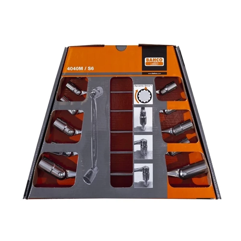 Bahco 4040M/S6 Double-Ended Flex-Head Wrench Metric Double Hex in Cardboard Box, Silver/Orange, Set of 6 Piece