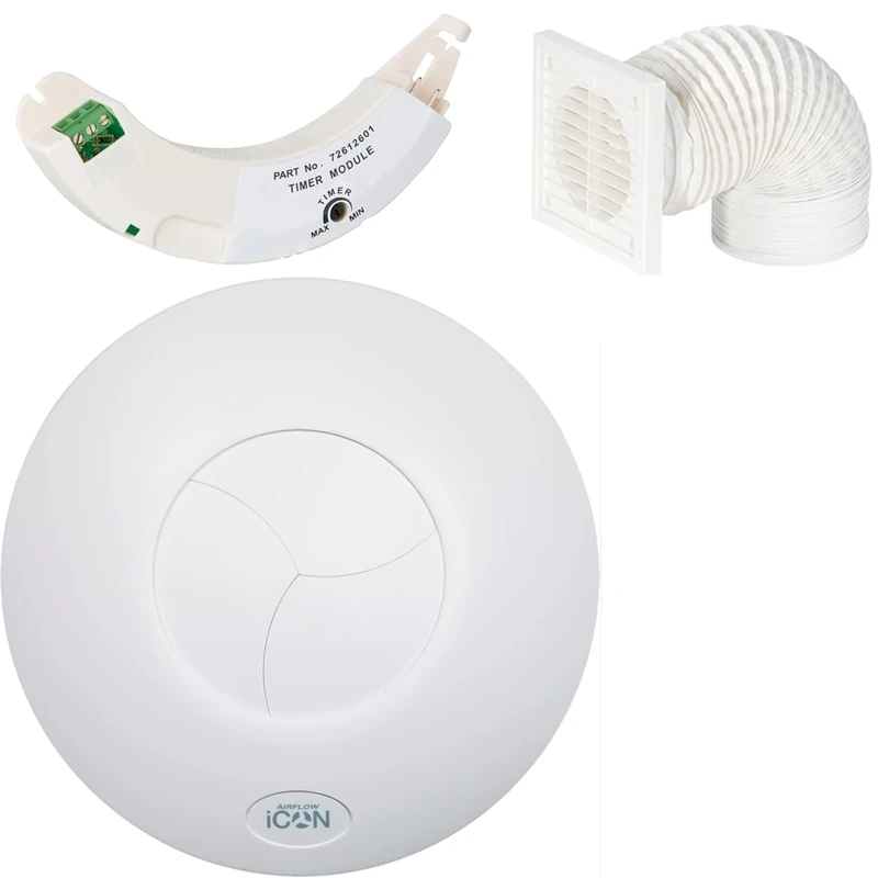 Airflow iCON 15 Timer Extractor Fan Kit - 100mm/4 - Comes with Timer Module, White Grille, PVC Hose - 19 l/s, 9.7W Energy Efficient, 3-Year Warranty