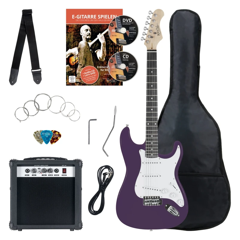 Rocktile Banger's Pack Complete Electric Guitar Set Purple Amplifier, Tremolo, Bag, Cable, Strap, Plecs, Spare Strings and School with CD/DVD