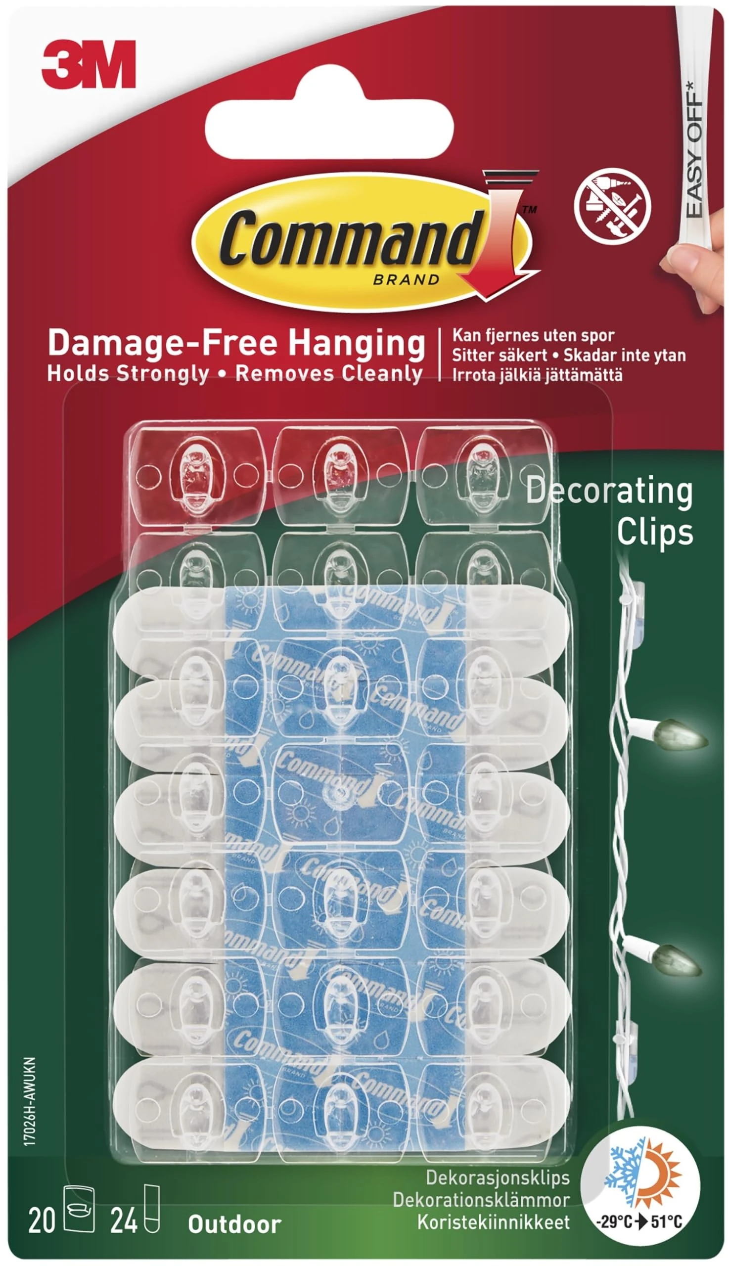 Command Outdoor Decorating Clips with Water-Resistant Strips - 20 Mini Clips and 24 Small Adhesive Strips, Transparent - Damage Free Hanging for Decorations and Fairy Lights