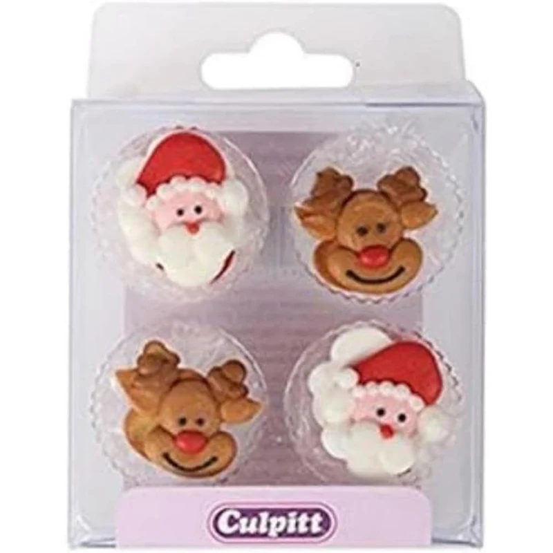 Culpitt Santa & Rudolph Sugar Pipings, Edible Royal Icing Decorations, Festive Red Cake and Cupcake Toppers, Pack of 12