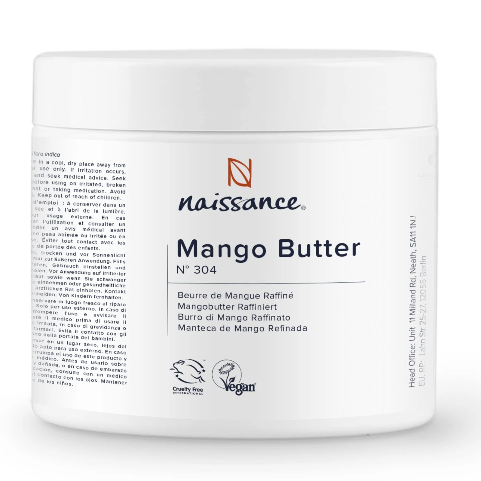 Naissance Refined Mango Butter (No. 304) - 250g - Moisturising and Nourishing - for Aromatherapy, Skincare, Haircare, Massage and DIY Beauty Recipes