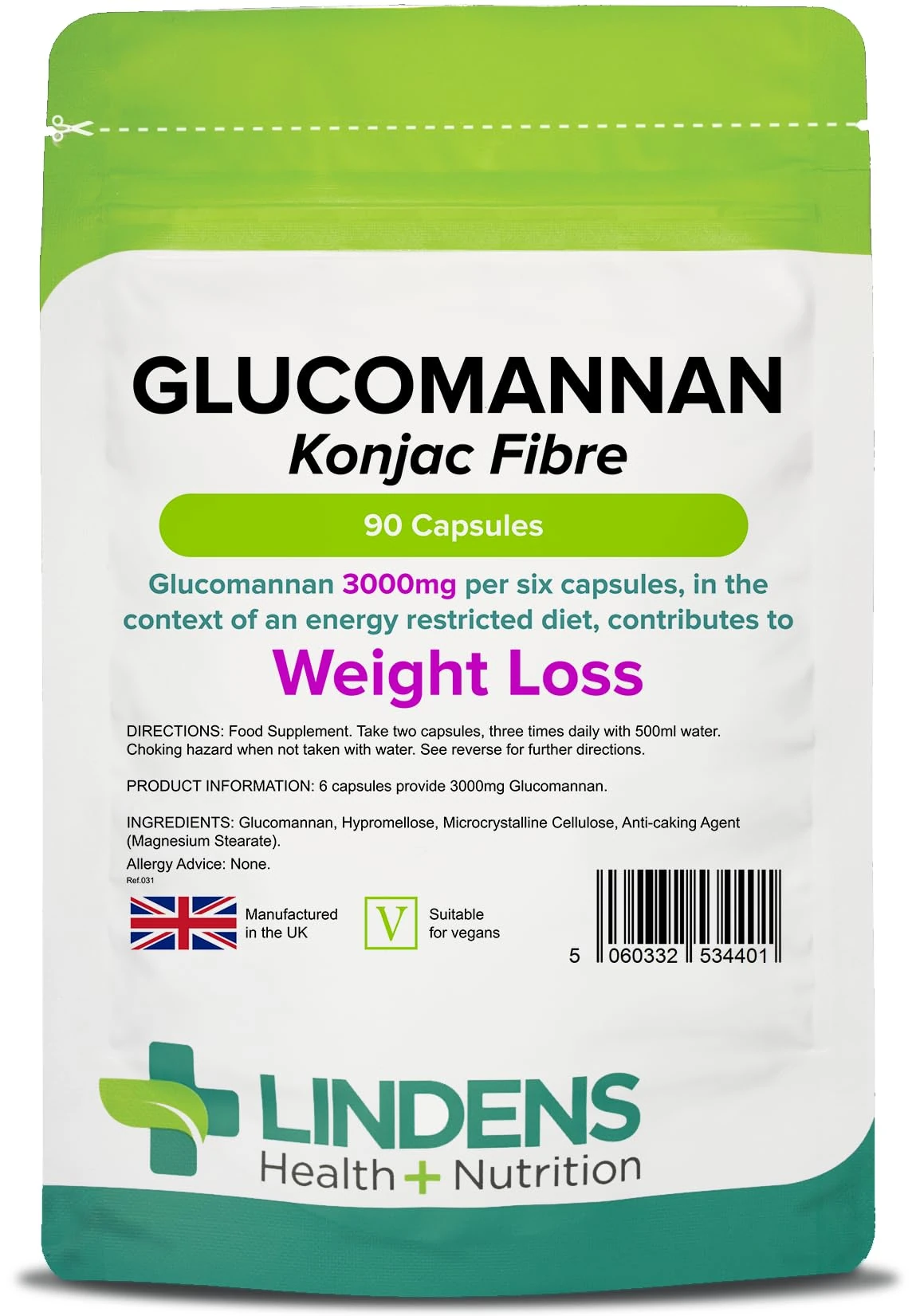 Lindens Glucomannan (Konjac Fibre) Capsules - 3,000mg Per Serving - 90 Pack - Weight Loss Aid - Contributes Towards The Reduction of Appetite - Weight Loss Supplement - Letterbox Friendly