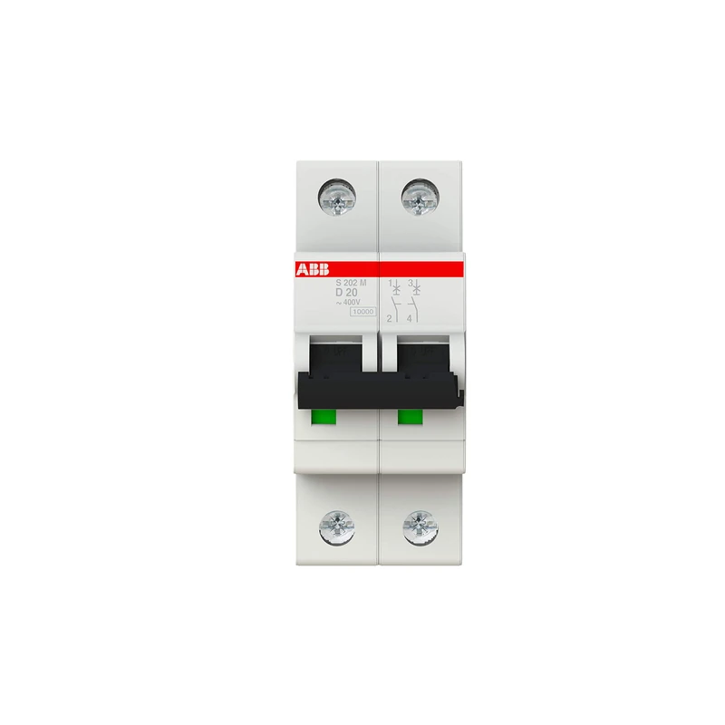 ABB S202M-D20 Miniature Circuit Breaker, 2 Pole, Type D, 10/15kA Breaking Capacity, 20 Amp Current (2CDS272001R0201)