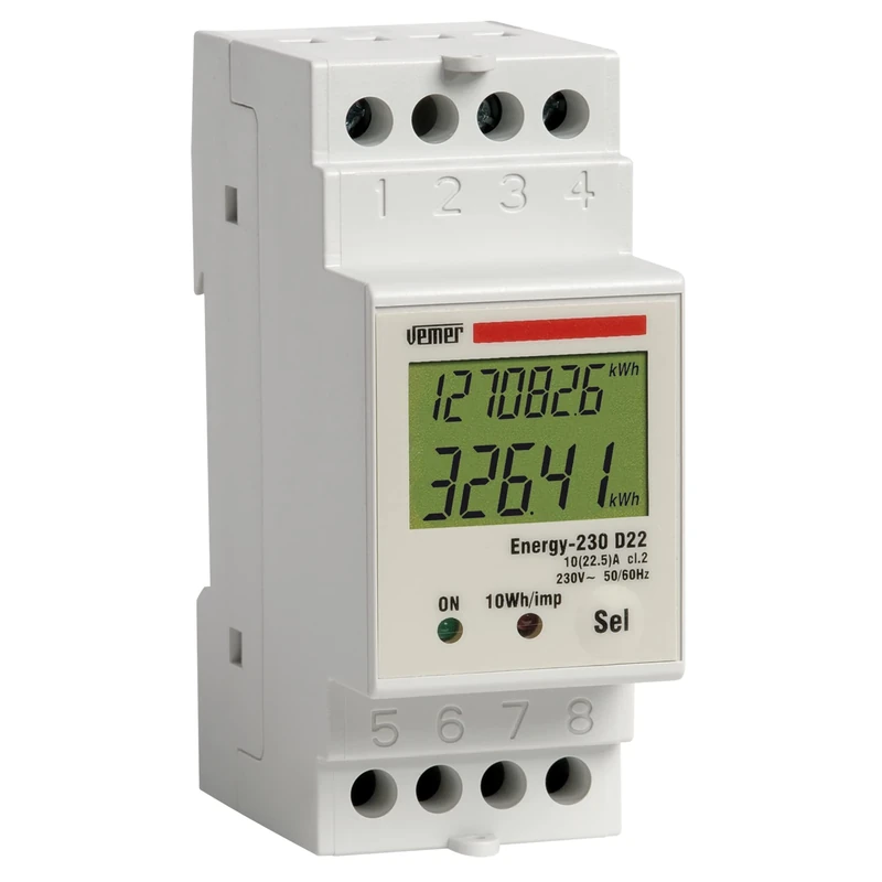 VEMER VE044400 ENERGY-230 D22 - Electric Energy Meter for Single-Phase Systems, Maximum Measurable Current 22.5 A, LCD Display, Installation on DIN Bar, White