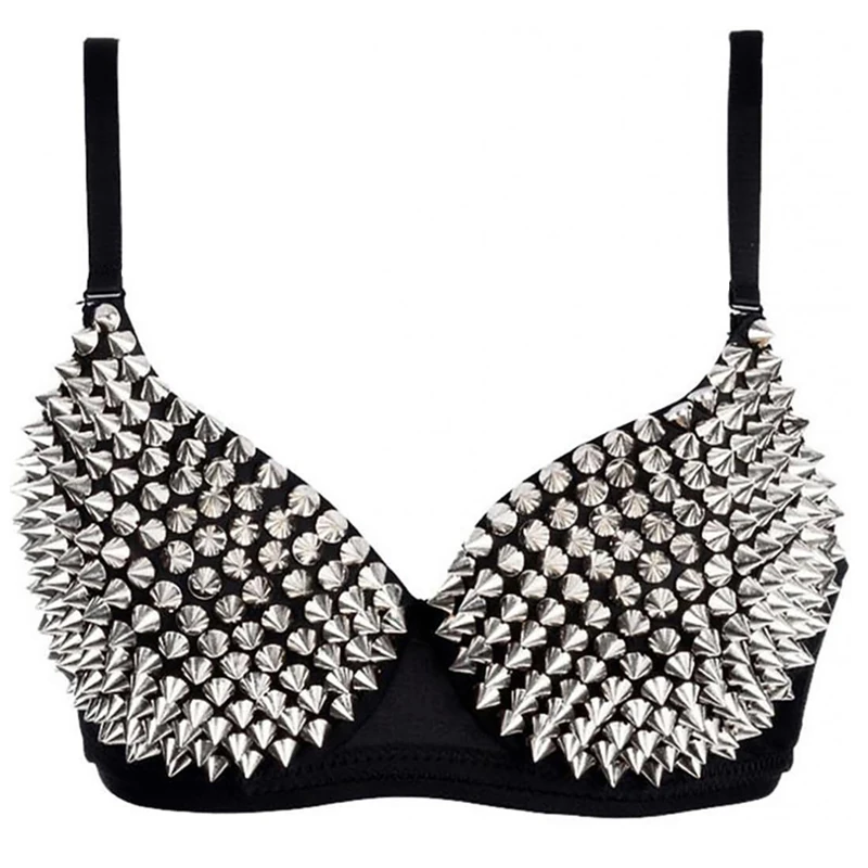 Kimring Women's Steampunk B Cup Spike Studs Rivet Party Club Rave Underwire Sport Bras Tops Silver XX-Large