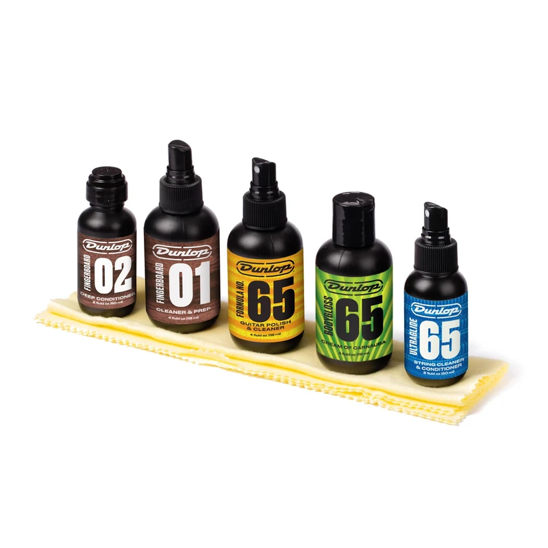 JIM DUNLOP - 6500 System 65 Guitar Maintenance Kit, Complete for Cleaning and Care of Electric and Acoustic Guitar, Includes 5 Formula 65 Products and 2 Cotton Cloths