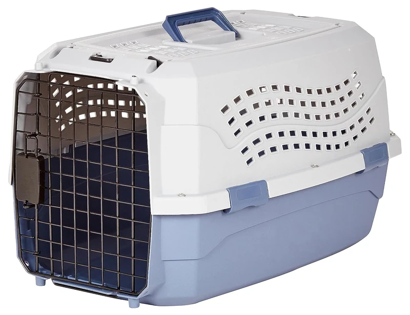 Amazon Basics Hard-Sided Cat Carrier, Two-Door Top-Load Pet Dog/Cat Travel Box Carrier, Blue, 58 L x 38 W x 33 H cm