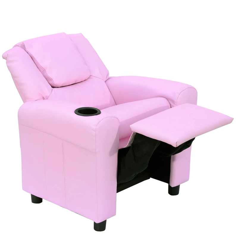 HOMCOM Kids Recliner, PU Leather Kids Armchair, Child Chair, Toddler Armchair with Adjustable Backrest, Footrest, Padded Headrest, Cup Holder, Pink