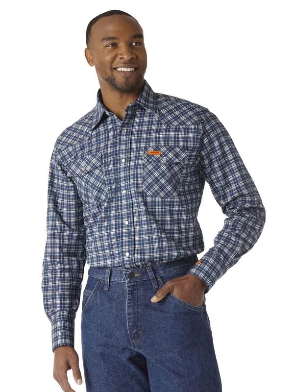 Wrangler Men's Flame Resistant Western Two Pocket Snap Shirt, Navy Plaid, XL