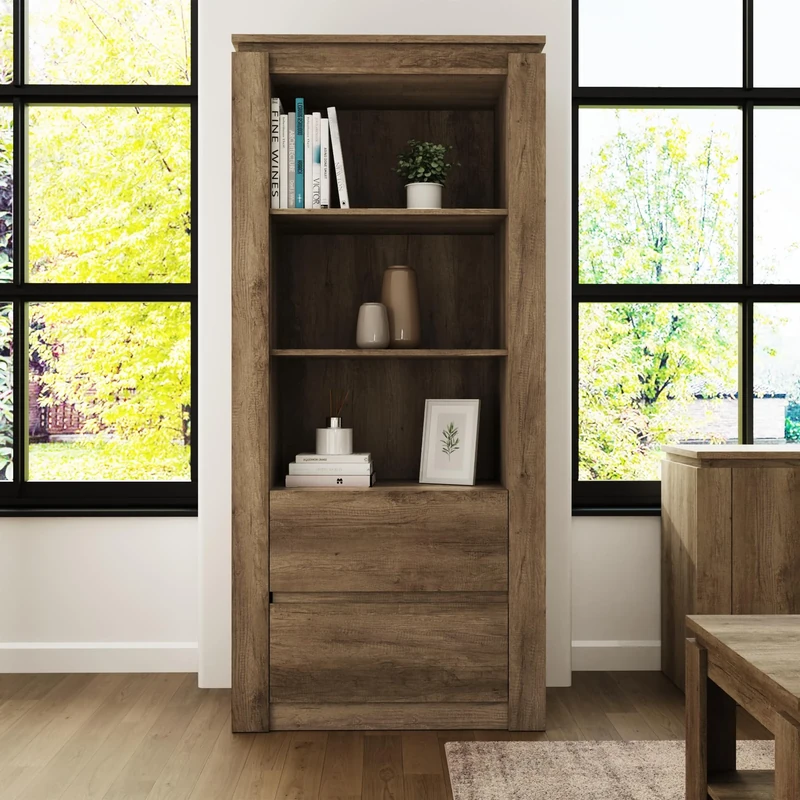 GFW Canyon 2 Drawer Oak Bookcase, Tall Free Standing Book Display Shelving Unit With Storage For Living Room, Dining Room Or Hallway, Oak, W79.2cm x H177.3cm x H39.5cm