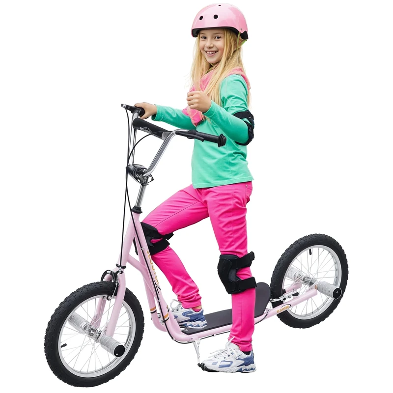 HOMCOM Stunt Scooter, Kids Scooter with 16" Big Wheels, Adjustable Height, Dual Brakes, for Ages 5+ Years, Pink