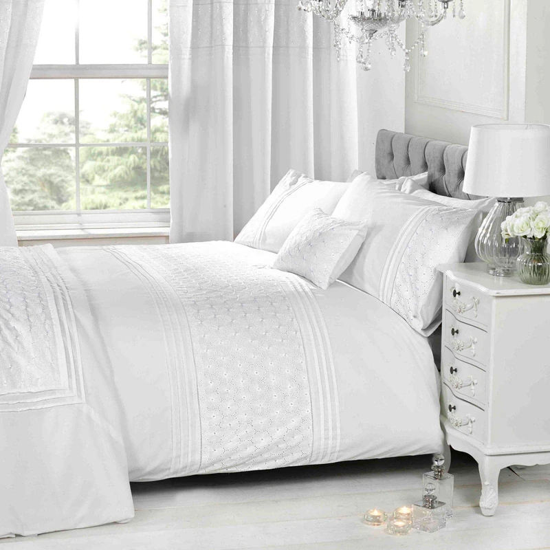 Rapport Home White Super King Size Duvet Cover & P/cases Bedding Bed Set Floral Emdroidered