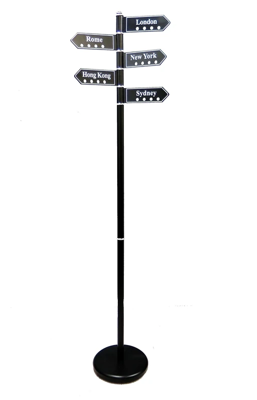 ASPECT FREE COAT RACK STAND/BLACK FINISH-WITH 5 SWIVEL CITIES HANGERS-BERLINE,HONG KONG,LONDON,NEW YORK,SYDNEY, Metal, 28 dia x 173(H) cm