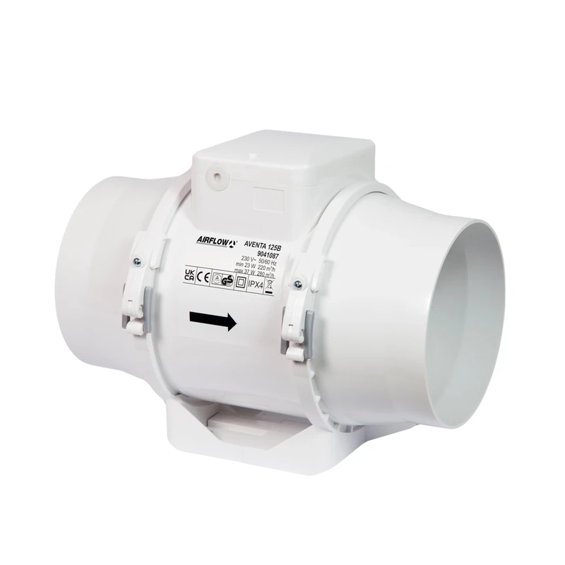 Airflow Aventa 125B In-Line Mixed Flow Extractor Fan – 23W Energy-Saving, 61-78 l/s (220-280 m³/h) Flow Rate, 2-Speed, Compact Design (190x246x136 mm), Fits 125mm Duct, 3-Year Warranty