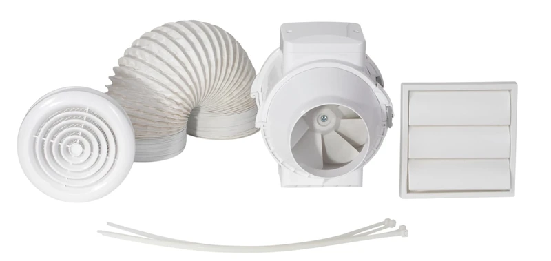Airflow Aventa 100T In‑Line Shower Extractor Fan Kit with Adjustable Timer - 52l/s -100mm Mixed Flow Fan, High Pressure, Includes 6m Flexible Ducting, Grille & Accessories - 3 Yr Warranty