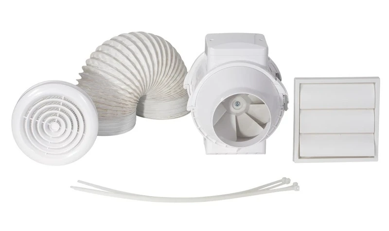Airflow Aventa 125mm In-Line Extractor Fan with Adjustable Timer Kit – Includes 6m Flex Duct, Ties, White Grilles, External Grille – Quiet, 2-Speed - 3 Years Warranty