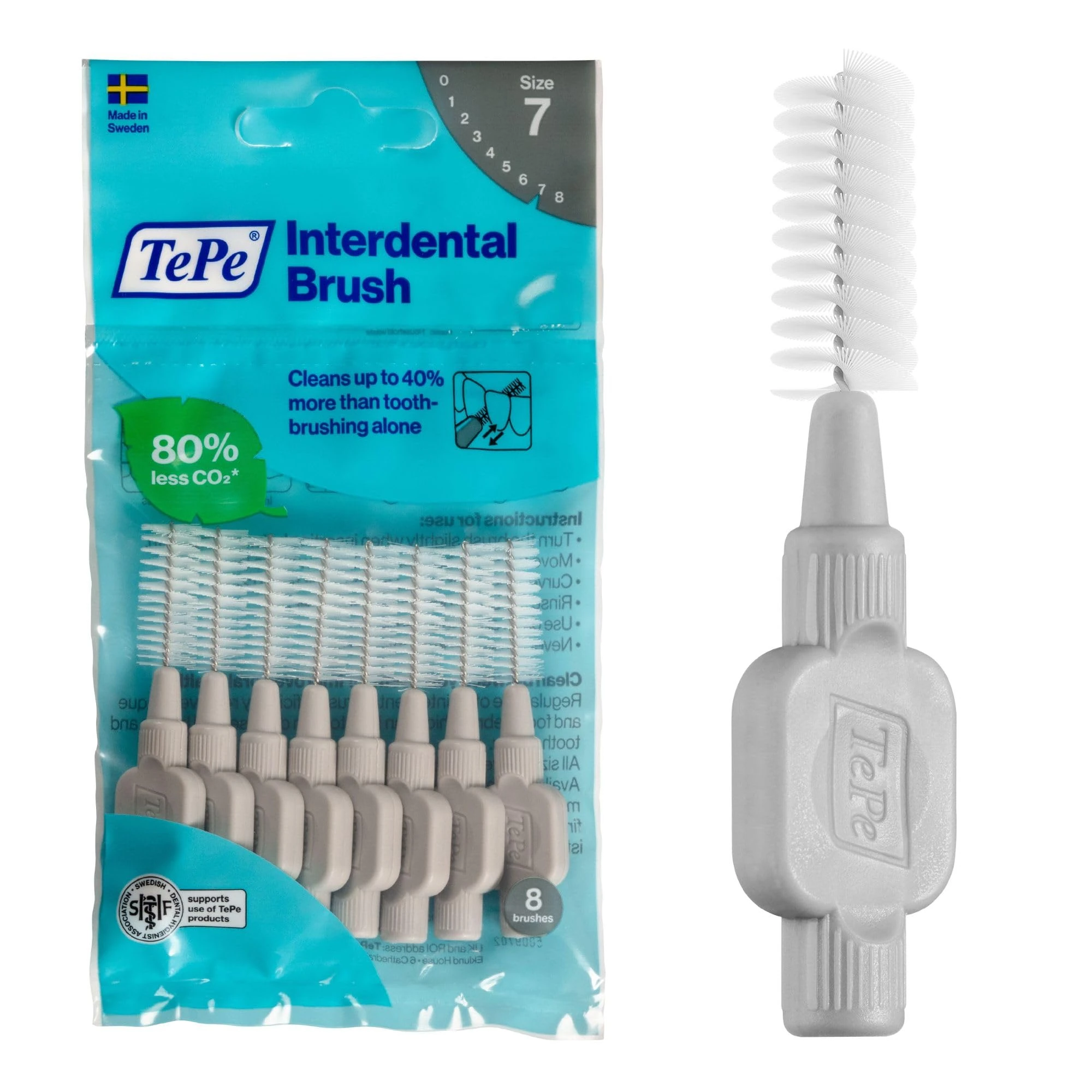 TePe Interdental Brush, Original, Grey, 1.3mm/ISO 7, 8pcs, efficient Cleaning Between Teeth, Plaque Remover and Dental flosser for Wide Gaps