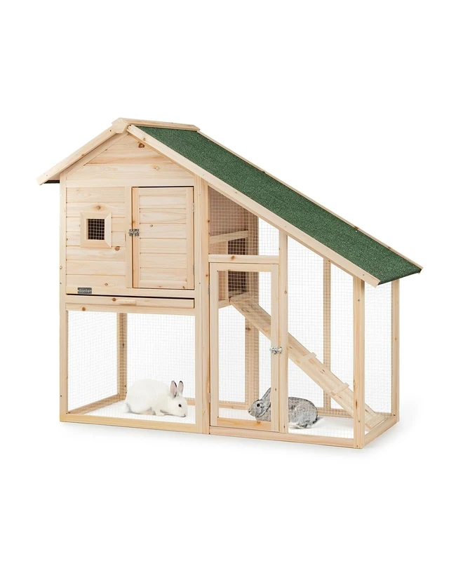 lionto Wooden rabbit hutch on two levels with ramp, 140x65x119 cm, water-repellent bitumen roof & wire mesh, winter-proof rabbit hutch for outdoors with 2 entrances & removable drawer