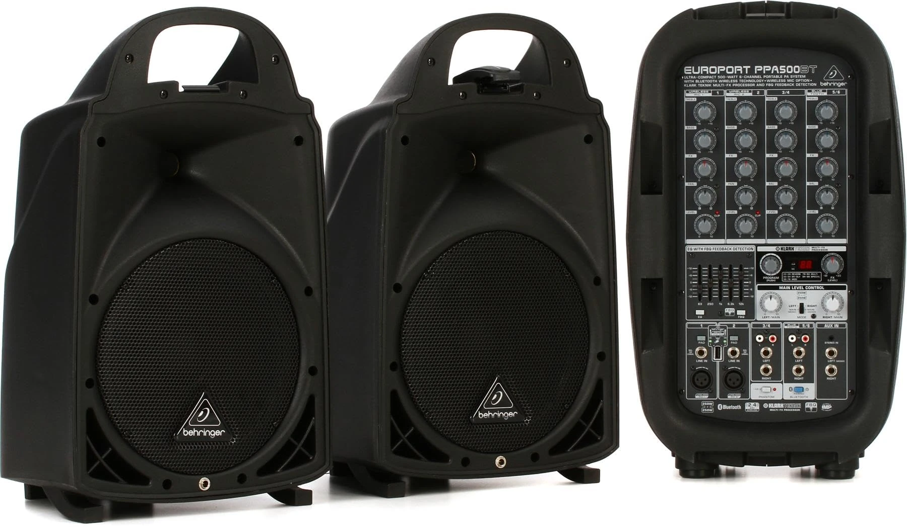 Behringer EUROPORT PPA500BT Ultra-Compact 500 Watt 6 Channel Portable PA System with Bluetooth Technology, Wireless Microphone Option, Klark Teknik Multi-FX Processor and FBQ Feedback Detection