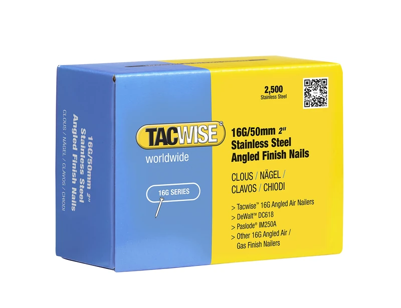 Tacwise 1225 Type 160 (16G) / 50 mm Stainless Steel Angled Finish Nails, 20° Inclined, Pack of 2,500