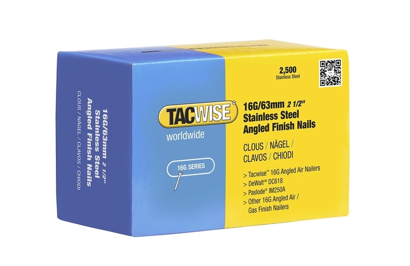Tacwise 1226 Type 160 (16G) / 63 mm Stainless Steel Angled Finish Nails, 20° Inclined, Pack of 2,500