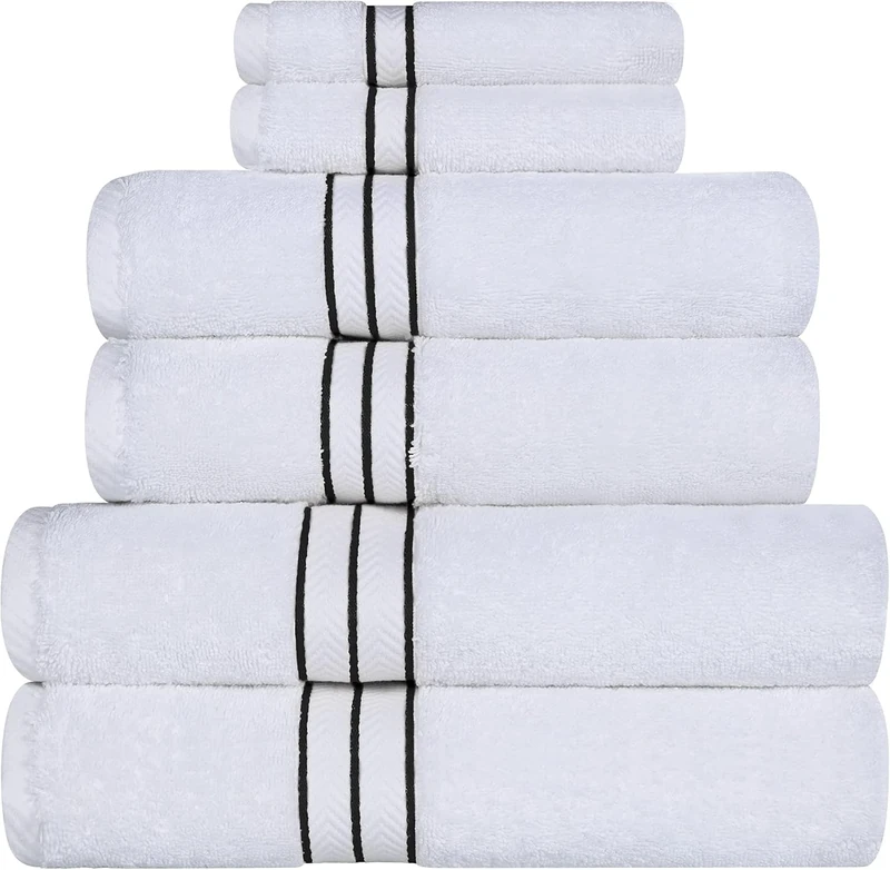 Superior 6 Piece Long-Staple Combed Cotton 900 Gram Towel Set, White with Black Border