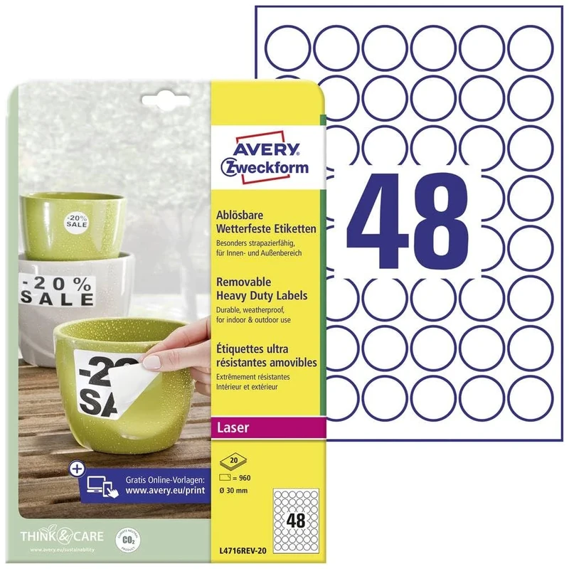 Avery Purpose Form L4716rev -20 Weatherproof Labels, Again Detachable, Around, Diameter 30 mm, 20 Sheet, 960 pcs, White