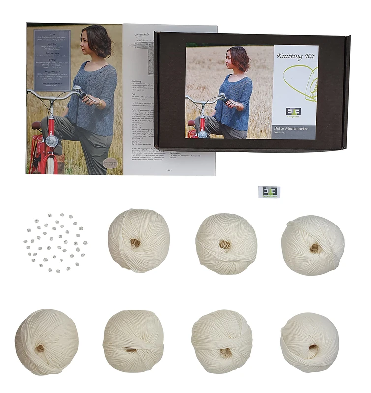 DesignEtte Jumper Beginner Butte Montmartre Chunky Knitting Wool Kit Adults Merino Yarn Balls and Pattern Set in a Box 50g≈240m/4ply, Pure White, 2XL-3XL