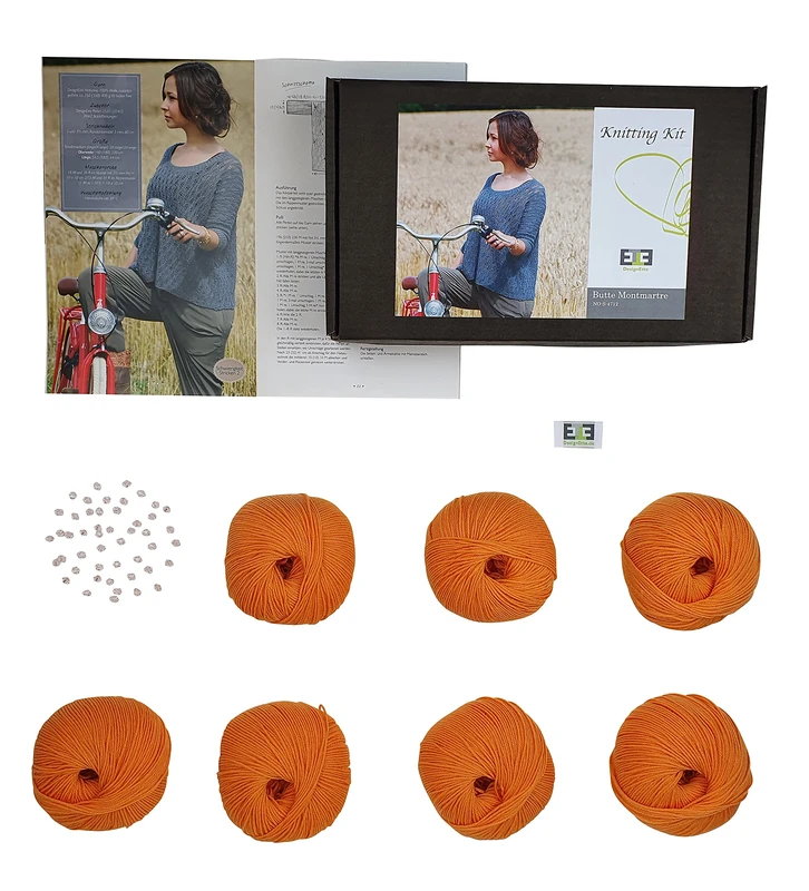 DesignEtte Kit, Butte Montmartre, L/XL, Pure Wool, Orange Indigo Includes Yarn Booklet Swarovski Beads Plus A Label Knitting Pattern Level 2 (Easy