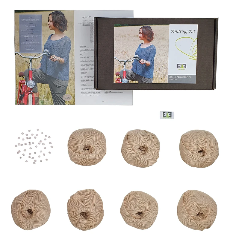 DesignEtte Jumper Beginner Butte Montmartre Chunky Knitting Wool Kit Adults Merino Yarn Balls and Pattern Set in a Box 50g≈240m/4ply Beige, L-XL