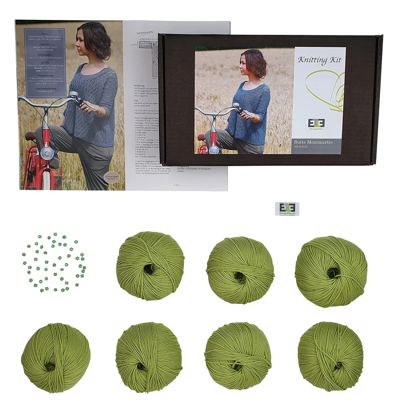 DesignEtte Jumper Beginner Butte Montmartre Chunky Knitting Wool Kit Adults Merino Yarn Balls and Pattern Set in a Box 50g≈240m/4ply Light Green, L-XL