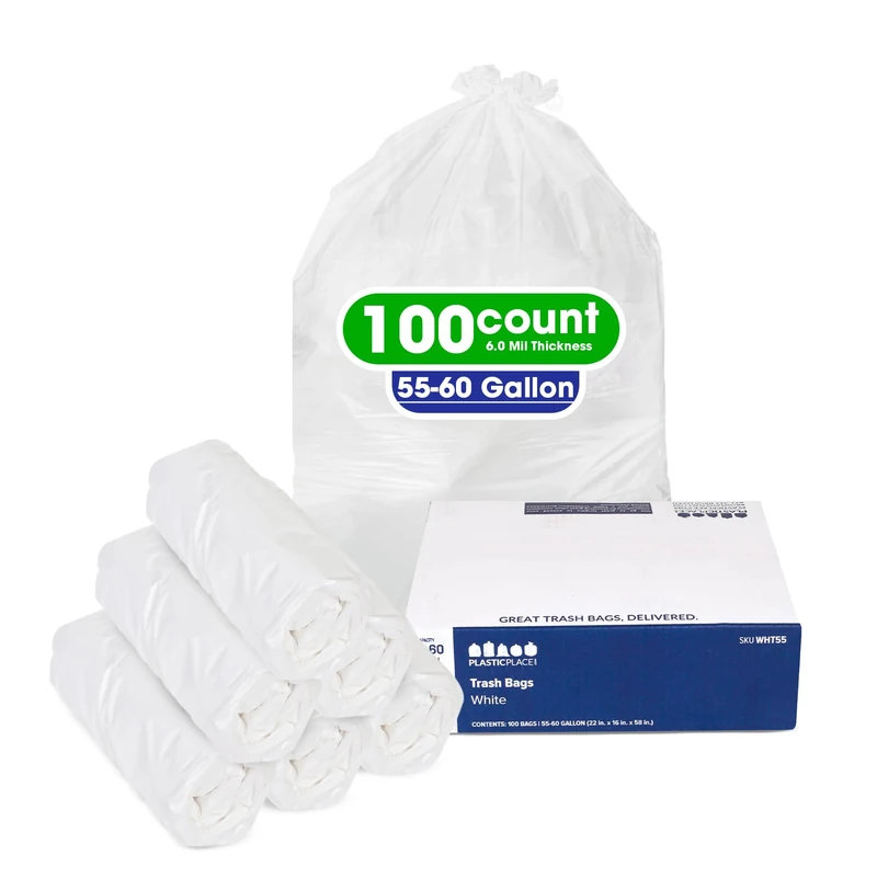 Plasticplace 55-60 Gallon Trash Bags │ 0.7 Mil │ White Heavy Duty Garbage Can Liners │ 38” x 58” (100 Count)