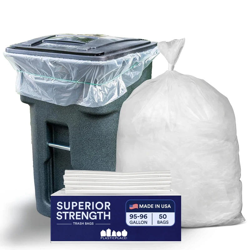Plasticplace 95-96 Gallon Garbage Can Liners │ 2 Mil │ Clear Heavy Duty Trash Bags │ 61” x 68” (50 Count)