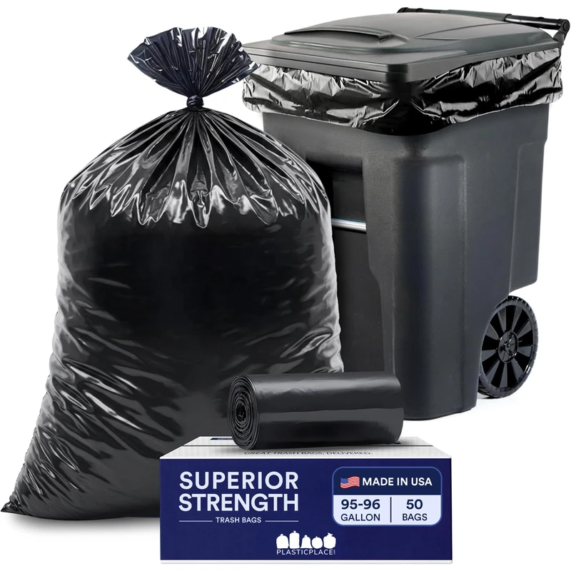 Plasticplace 95-96 Gallon Garbage Can Liners │ 1.5 Mil │ Black Heavy Duty Trash Bags │ 61” X 68” (50 Count)