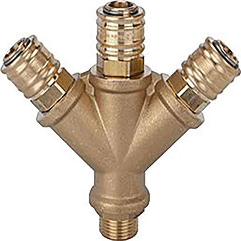 Distributor with 3 quick-release couplers NW 7.2, plain brass, G 1/2 IG, operating pressure 0-35 bar, temp. -20 °C ~ 100 °C
