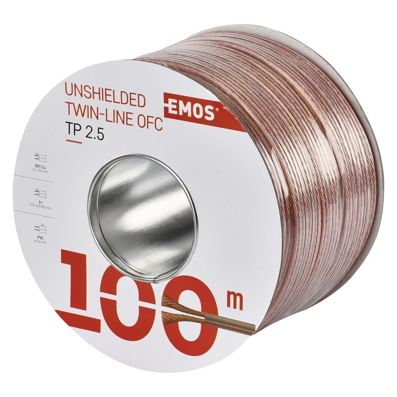 EMOS Speaker Cable OFC 2 x 2.5 mm², 100 Metre HiFi Audio Speaker Cable Pure Copper for Speakers and Surround Systems, Transparent with Polarity Marking