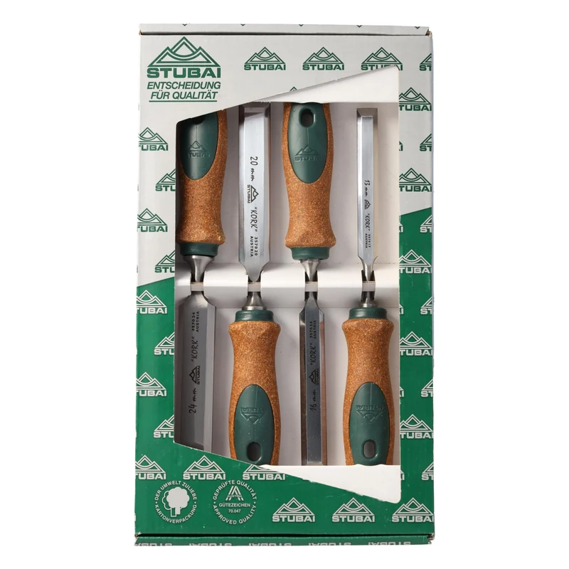 Stubai 357104 Special Wood Chisel Set "Swedish Type" with Cork Handles 13-24mm 4-Piece, Green/Brown/Silver, 13-24 mm