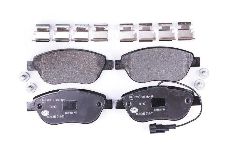 HELLA 8DB 355 018-831 Brake pad set - with integrated wear warning contact - T5163 - for e.g. ABARTH / CHRYSLER / FIAT / LANCIA / OPEL