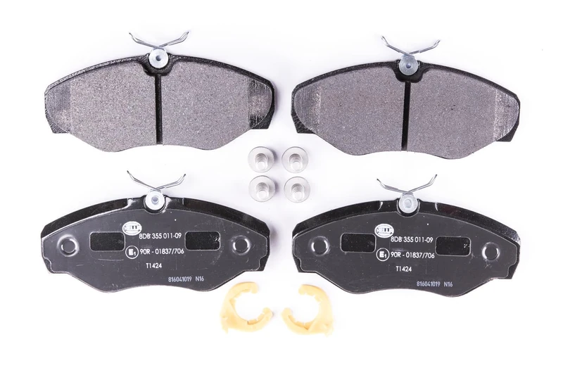 HELLA 8DB 355 011-091 Brake pad set - incl. wear warning contact - T1424 - for e.g. NISSAN / OPEL / RENAULT / VAUXHALL