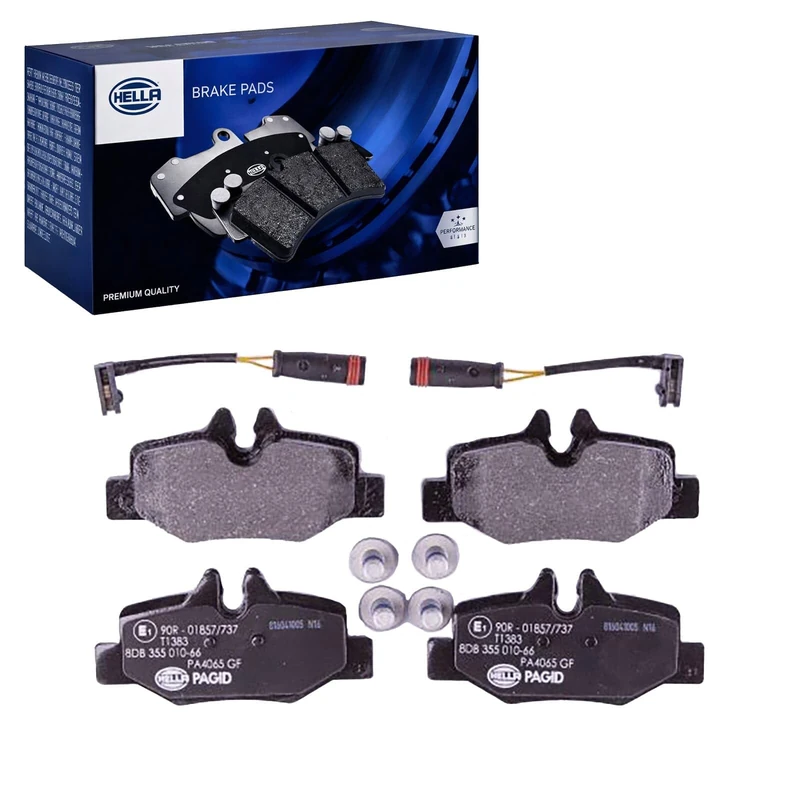 HELLA 8DB 355 010-661 Brake pad set - incl. wear warning contact - T1383 - for e.g. MERCEDES-BENZ