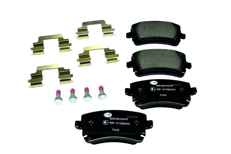 HELLA 8DB 355 010-971 Brake pad set - not prepared for wear indicator - T1410 - for e.g. AUDI / VOLKSWAGEN
