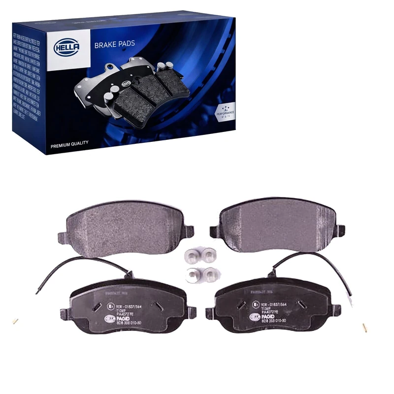 HELLA 8DB 355 010-501 Brake pad set - with integrated wear warning contact - T1369 - for e.g. CITROEN / FIAT / LANCIA / PEUGEOT - Image 1