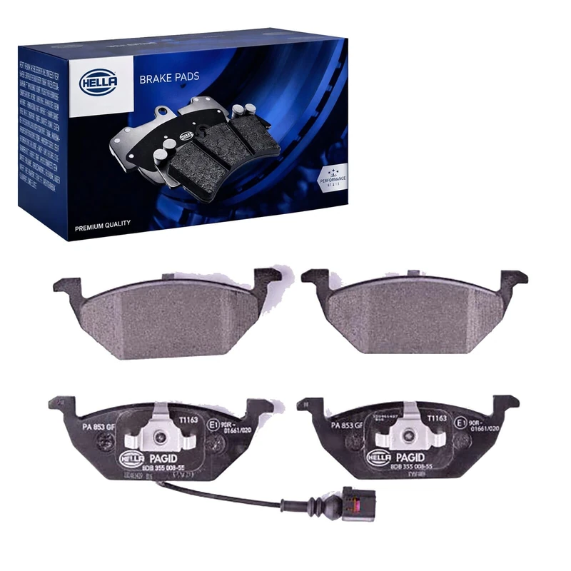 HELLA 8DB 355 008-551 Brake pad set - with integrated wear warning contact - T1163 - for e.g. AUDI / SEAT / SKODA / VOLKSWAGEN