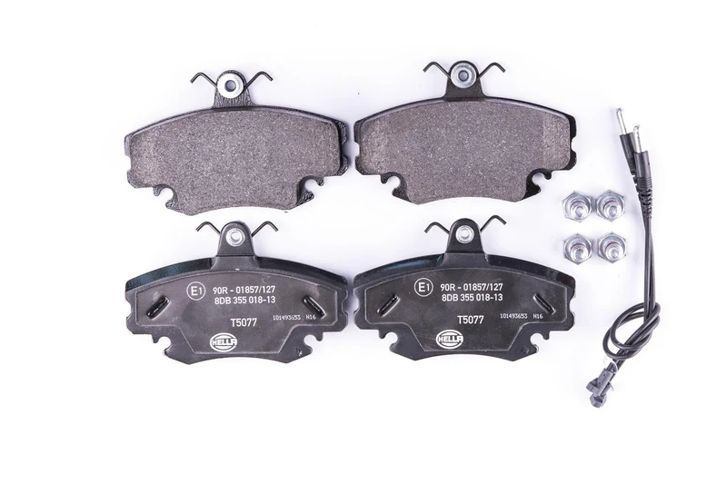 HELLA 8DB 355 018-131 Brake pad set - incl. wear warning contact - T5077 - for e.g. ALPINE / DACIA / LADA / NISSAN / PEUGEOT