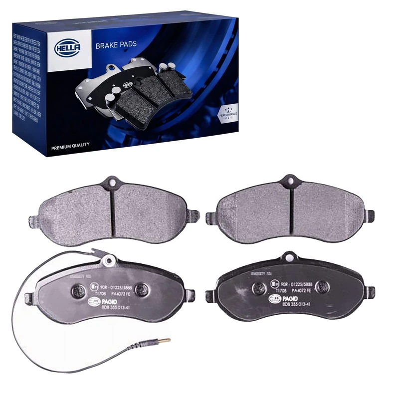 HELLA 8DB 355 013-411 Brake pad set - with integrated wear warning contact - T1708 - for e.g. CITROEN / FIAT / PEUGEOT / TOYOTA