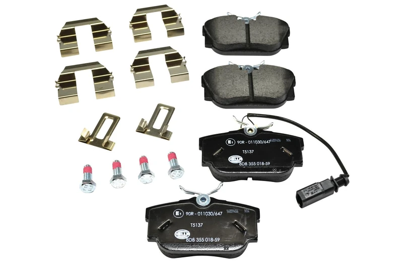 HELLA 8DB 355 018-591 Brake pad set - with integrated wear warning contact - T5137 - for e.g. VOLKSWAGEN