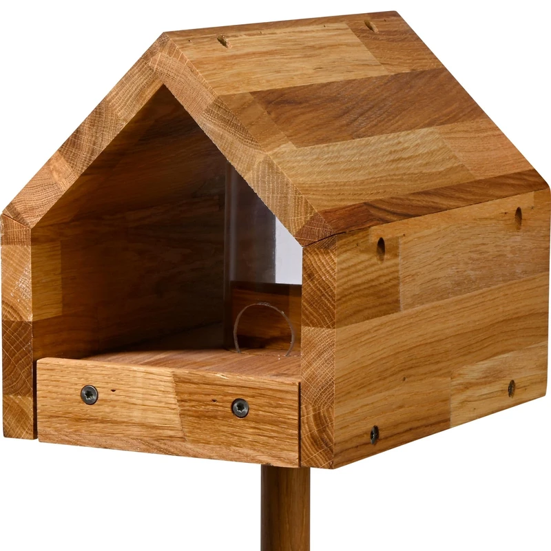 Luxus-Vogelhaus 46601e Oak Bird Feeding House with Saddle Roof, Feed Tray and Dispenser with Feeder Stand